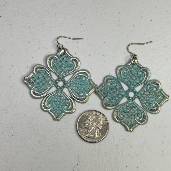 Ornate Filigree Mint Green Floral Earrings With Gold-Tone Accents For Women - Picture 4 of 8